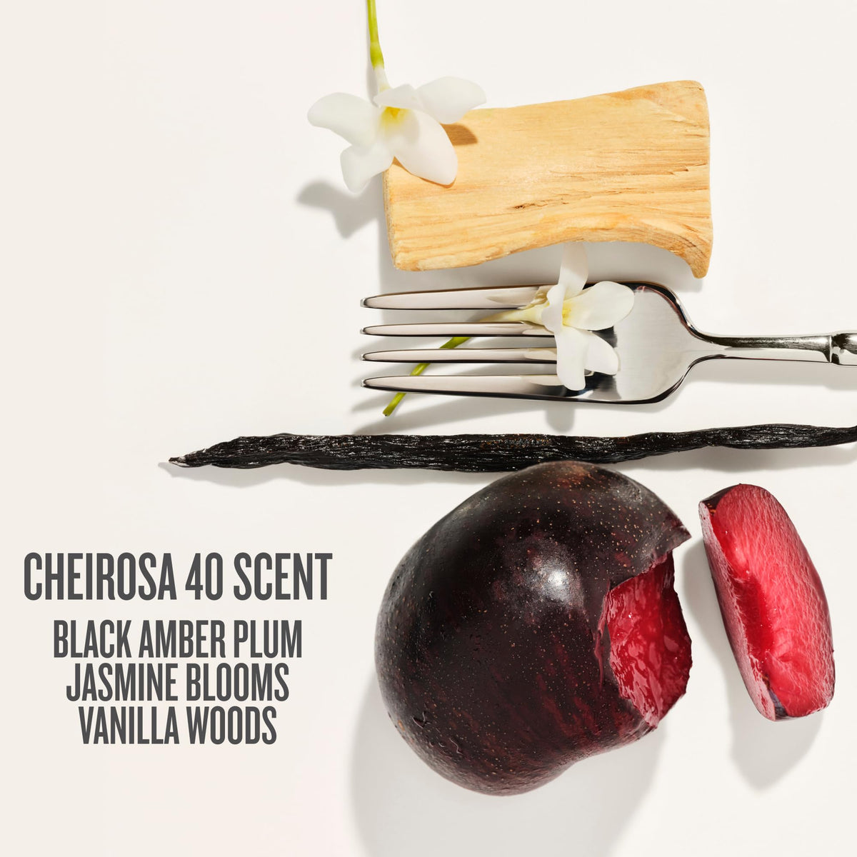 Sol de Janeiro label detail with scent notes Black Amber plum and vanilla woods benefit