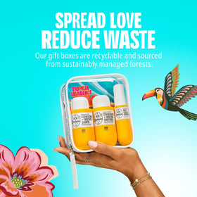 Sol de Janeiro products in a beach bag conveying portable repair and sun-ready scent