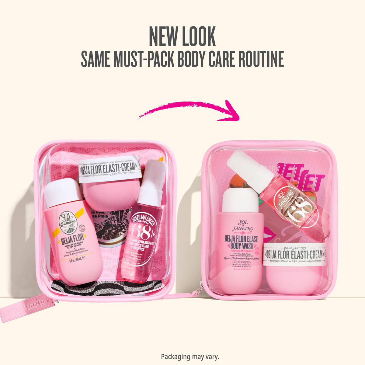 Sol de Janeiro lifestyle shot with kit in a beach bag conveying vacation-ready skincare routine