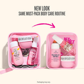 Sol de Janeiro lifestyle shot with kit in a beach bag conveying vacation-ready skincare routine