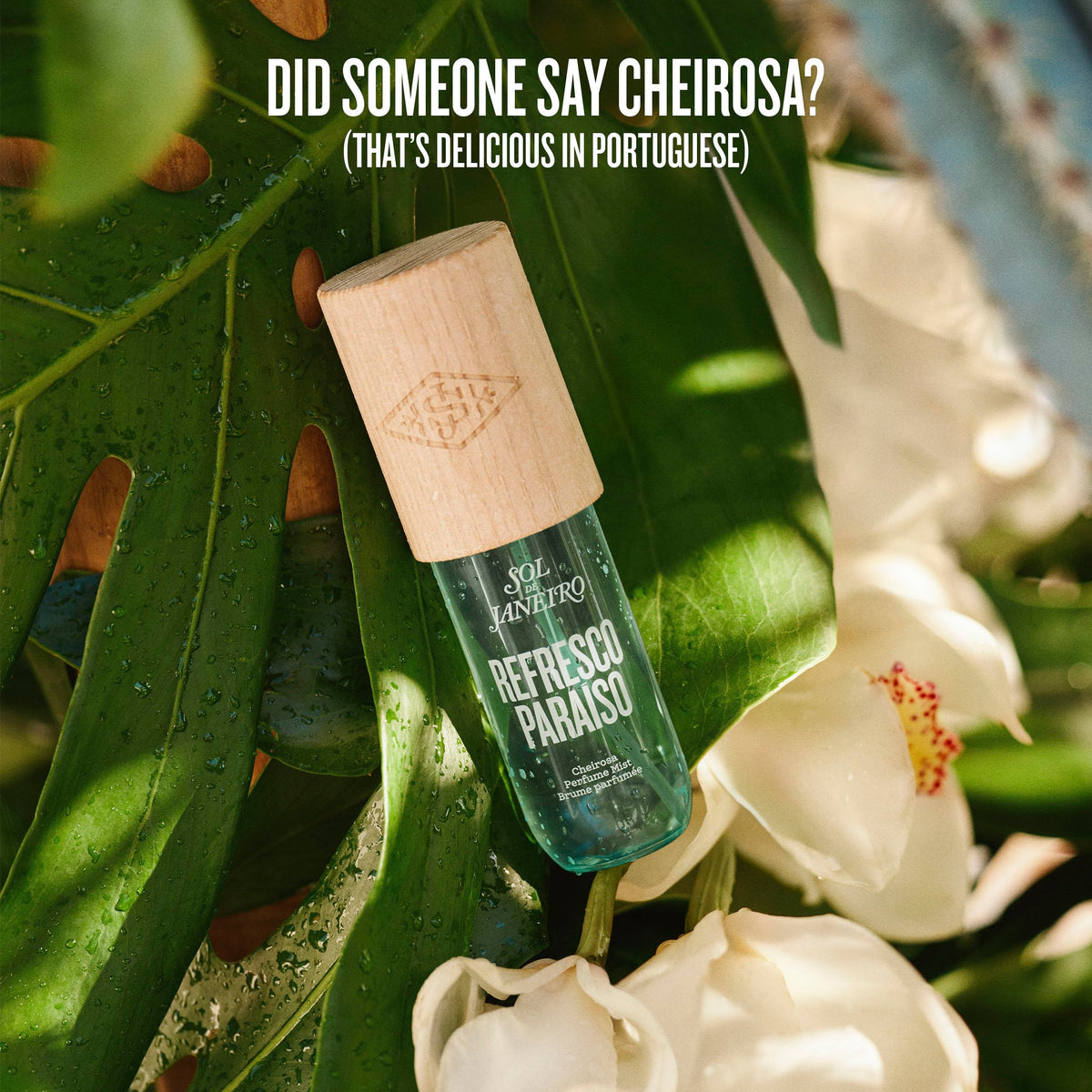 Sol de Janeiro lifestyle beach setting with bottle on sand, conjures rainforest-meets-sea scent mood