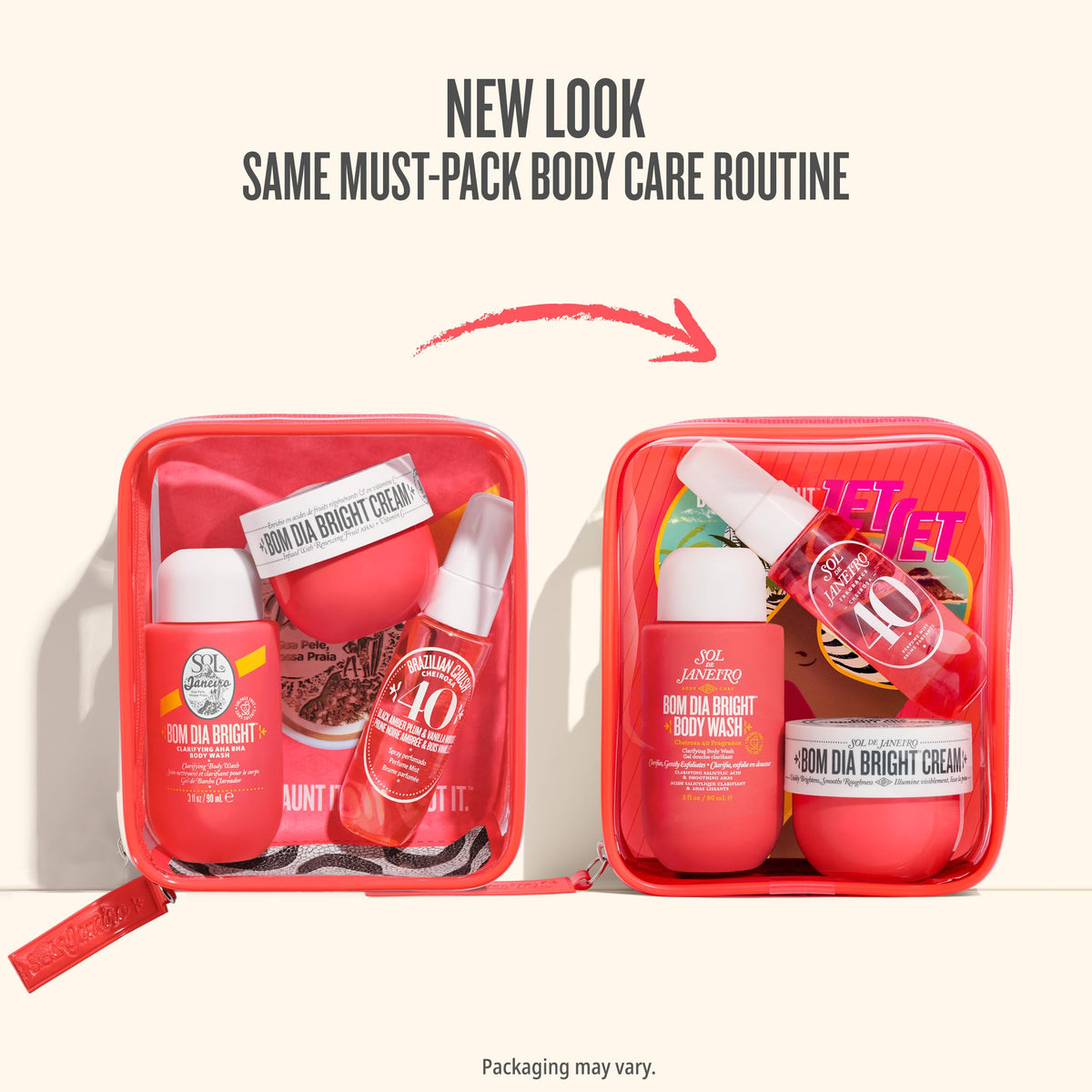 Sol de Janeiro kit on beach towel evoking sun-kissed scent and travel convenience benefit