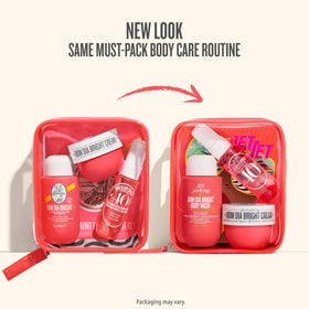 Sol de Janeiro kit on beach towel evoking sun-kissed scent and travel convenience benefit