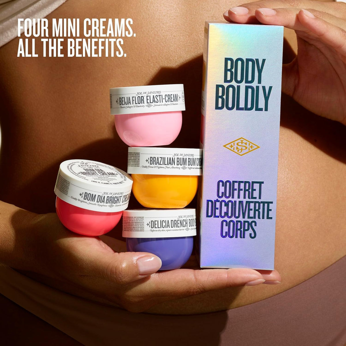 Arrangement of four Sol de Janeiro mini tubes flatlay highlighting variety and portability benefits