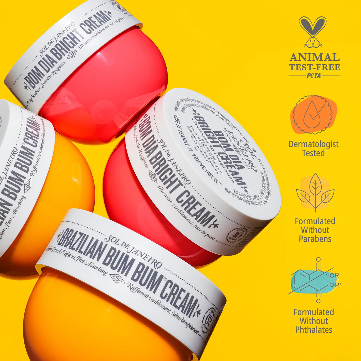 Sol de Janeiro open jars with swatch on skin showing finish and scent appeal