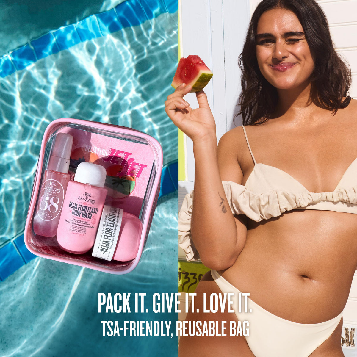 Sol de Janeiro travel pouch in suitcase showing kit packed and ready for travel convenience