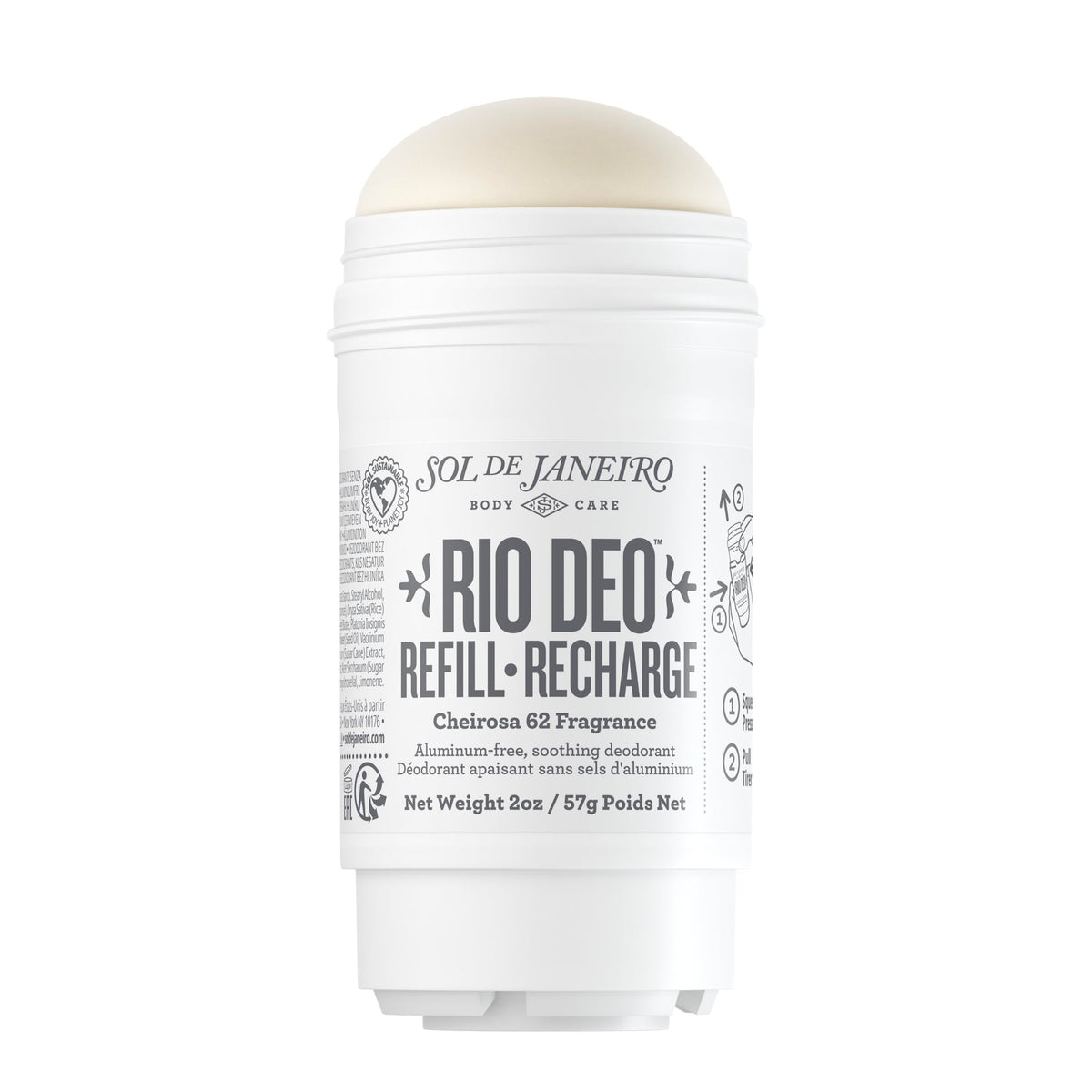 Sol de Janeiro refill front packaging showing cartridge and branding, convenient refill benefit
