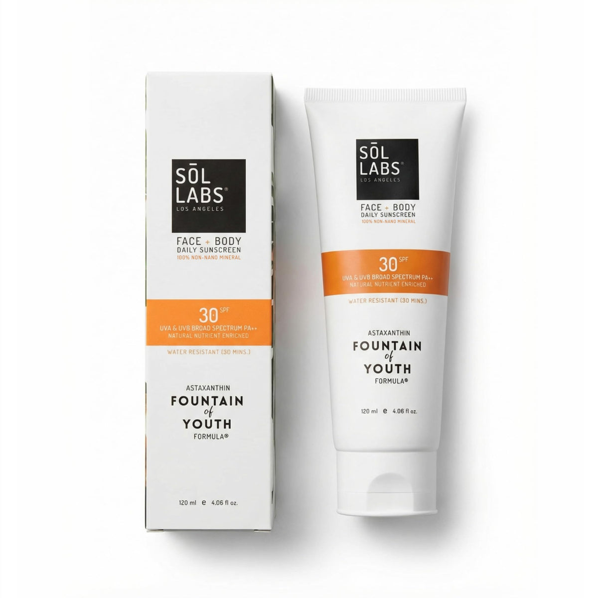 SOL LABS front packaging showing SPF 30 and face body use for clear protection