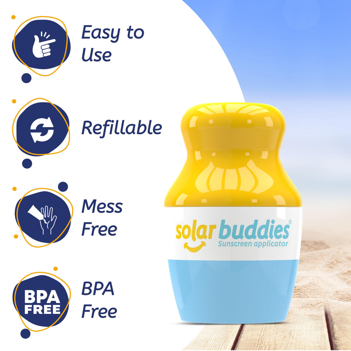 Solar Buddies applicator held in hand applying sunscreen, fast mess-free application benefit