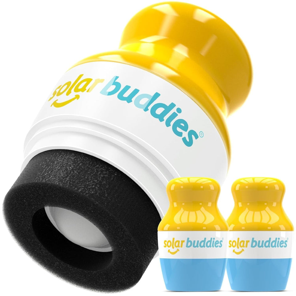 Solar Buddies front view showing blue applicator and cap, ideal for travel