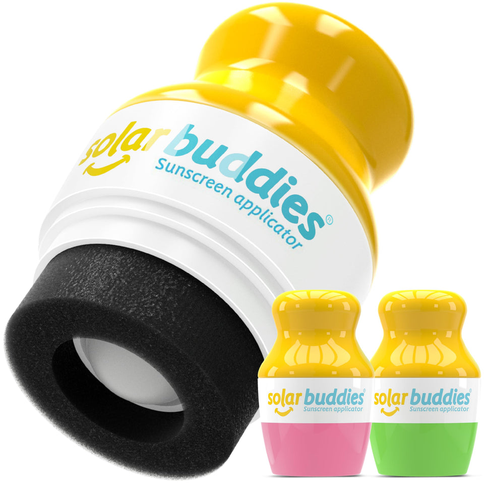 Solar Buddies front packaging shows green and pink applicators, easy travel convenience