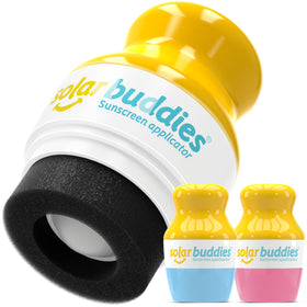 Solar Buddies front view showing blue and pink refillable bottles, easy travel benefit