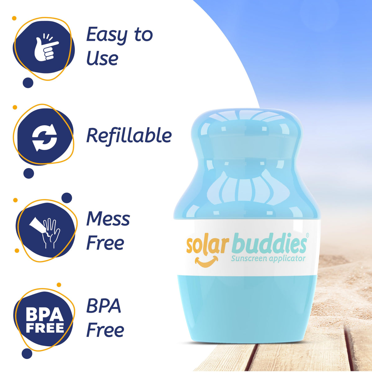 Solar Buddies in-hand scale view showing portable 3.4 fl oz benefit for travel