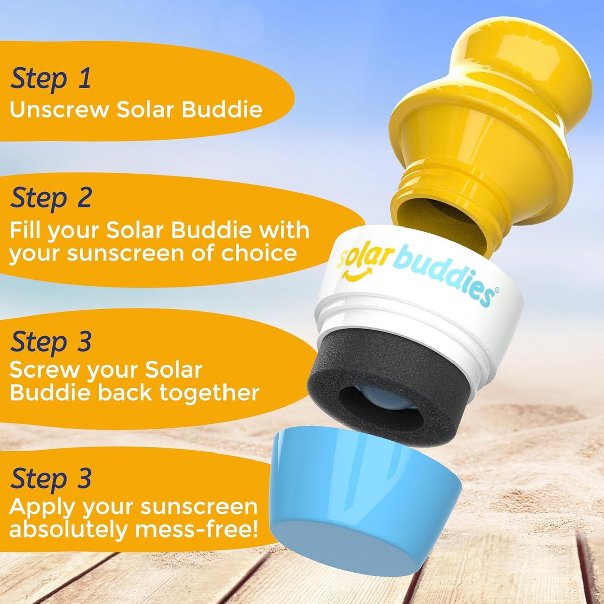 Solar Buddies applying sunscreen to child's arm, quick mess-free benefit