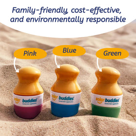 Solar Buddies layout showing replaceable sponge heads and reusable lid for savings