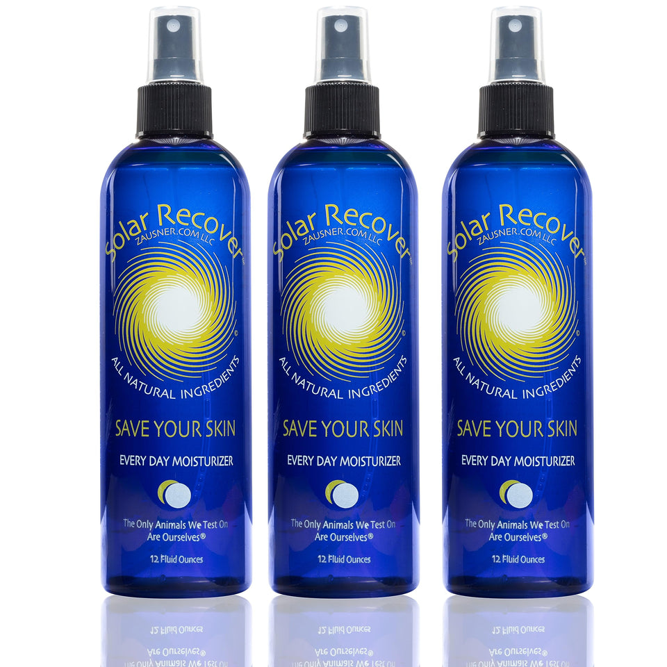 Solar Recover front packaging showing three 12oz bottles and label benefits