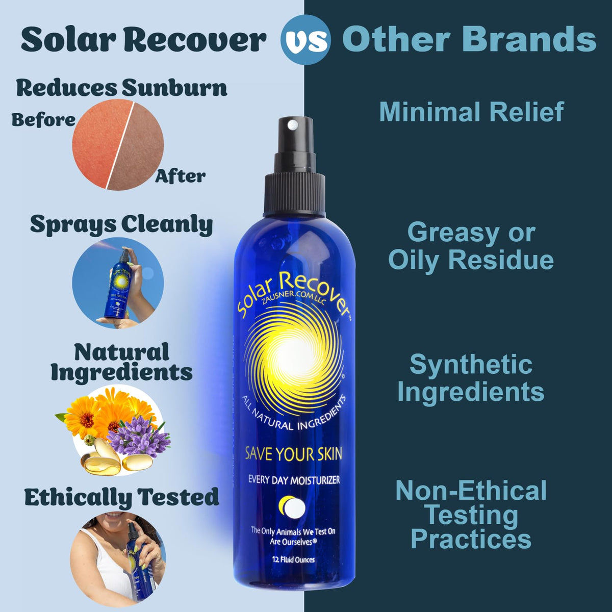 Solar Recover label close-up showing ingredient callouts and paraben-free reassurance