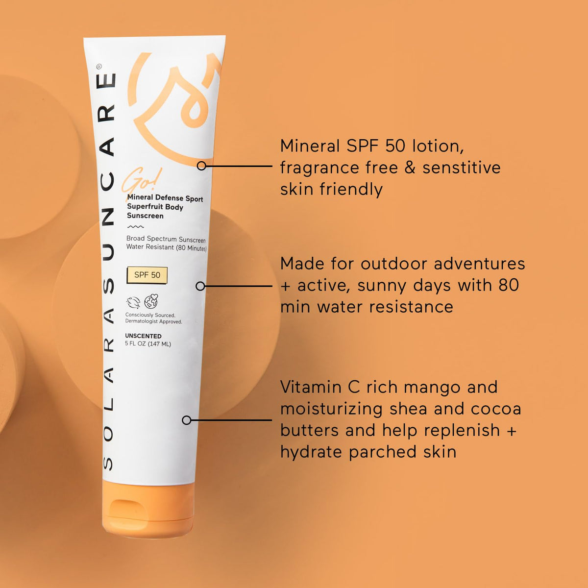 Solara Suncare next to hand for scale showing 5 fl oz portability benefit