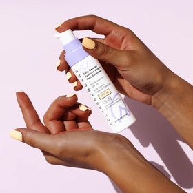 SOLARA SUNCARE blended under makeup illustrating non-pilling finish benefit