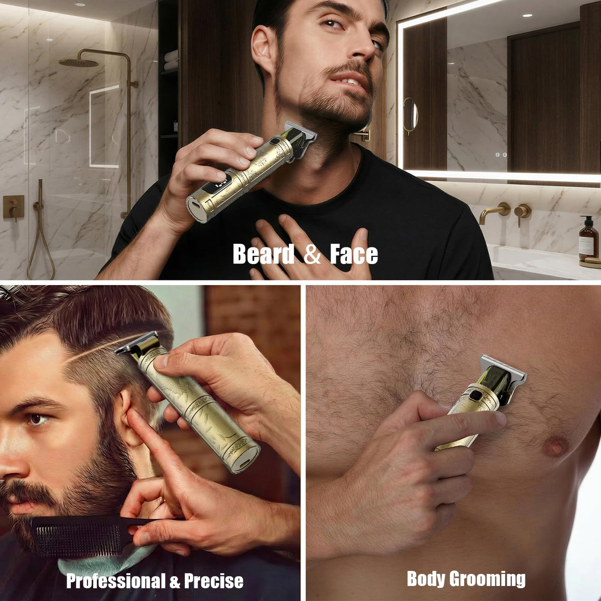 Solati trimmer in use shaping a beard for clean, professional edges