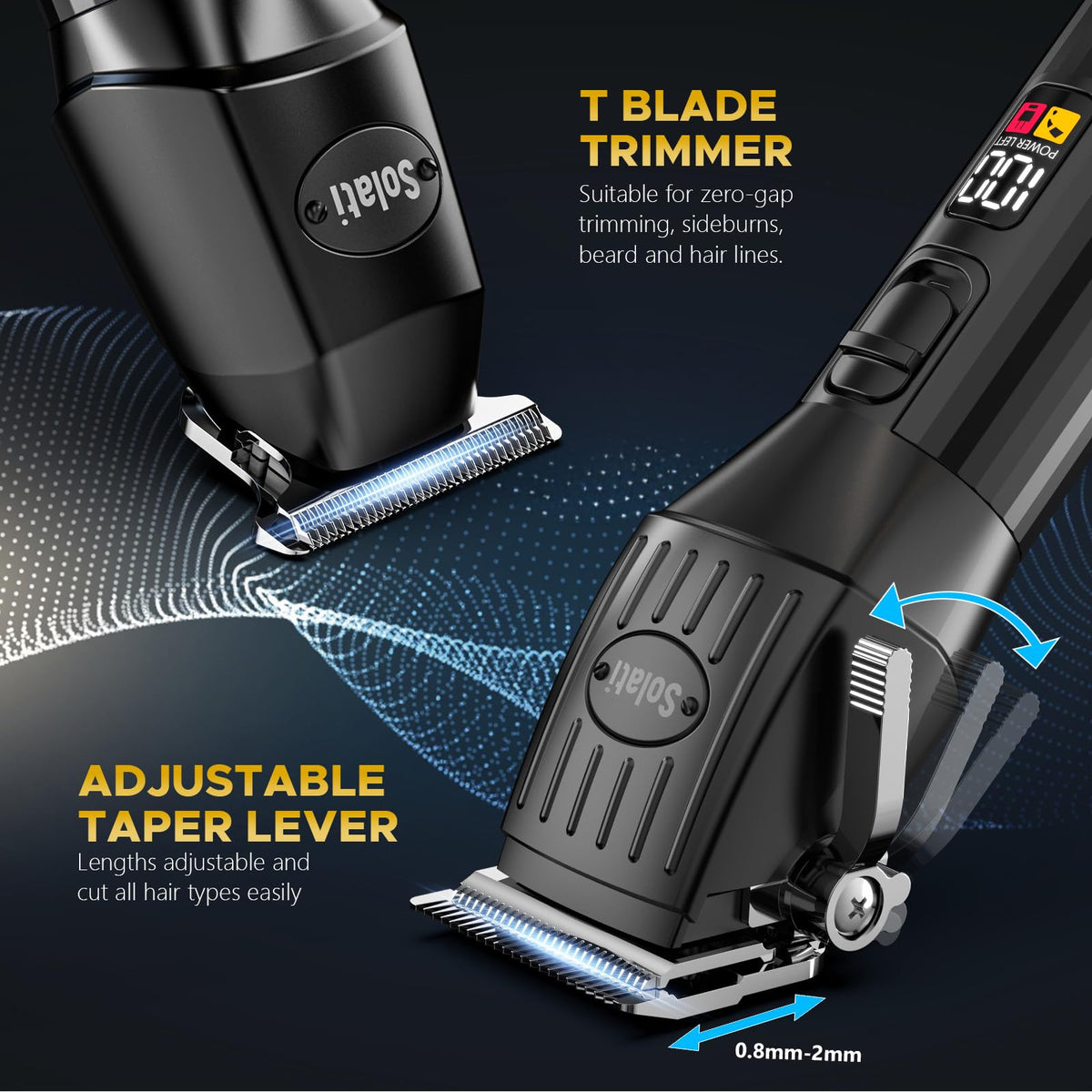Solati clipper LED display showing battery level for uninterrupted work benefit