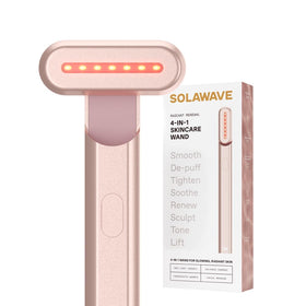 Solawave front view of rose-gold wand showing sleek profile and benefits