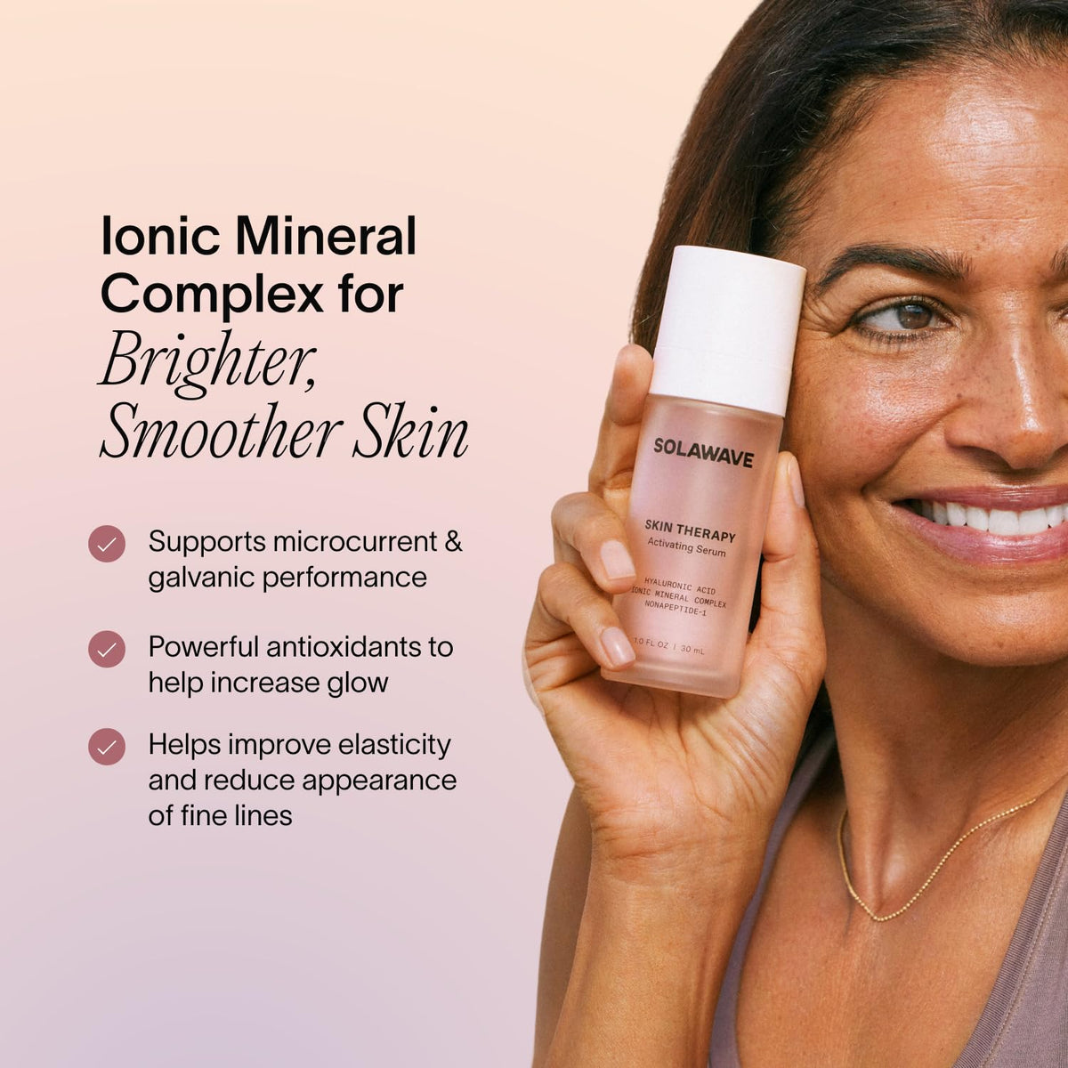 Solawave label close-up revealing peptide and hyaluronic ingredients