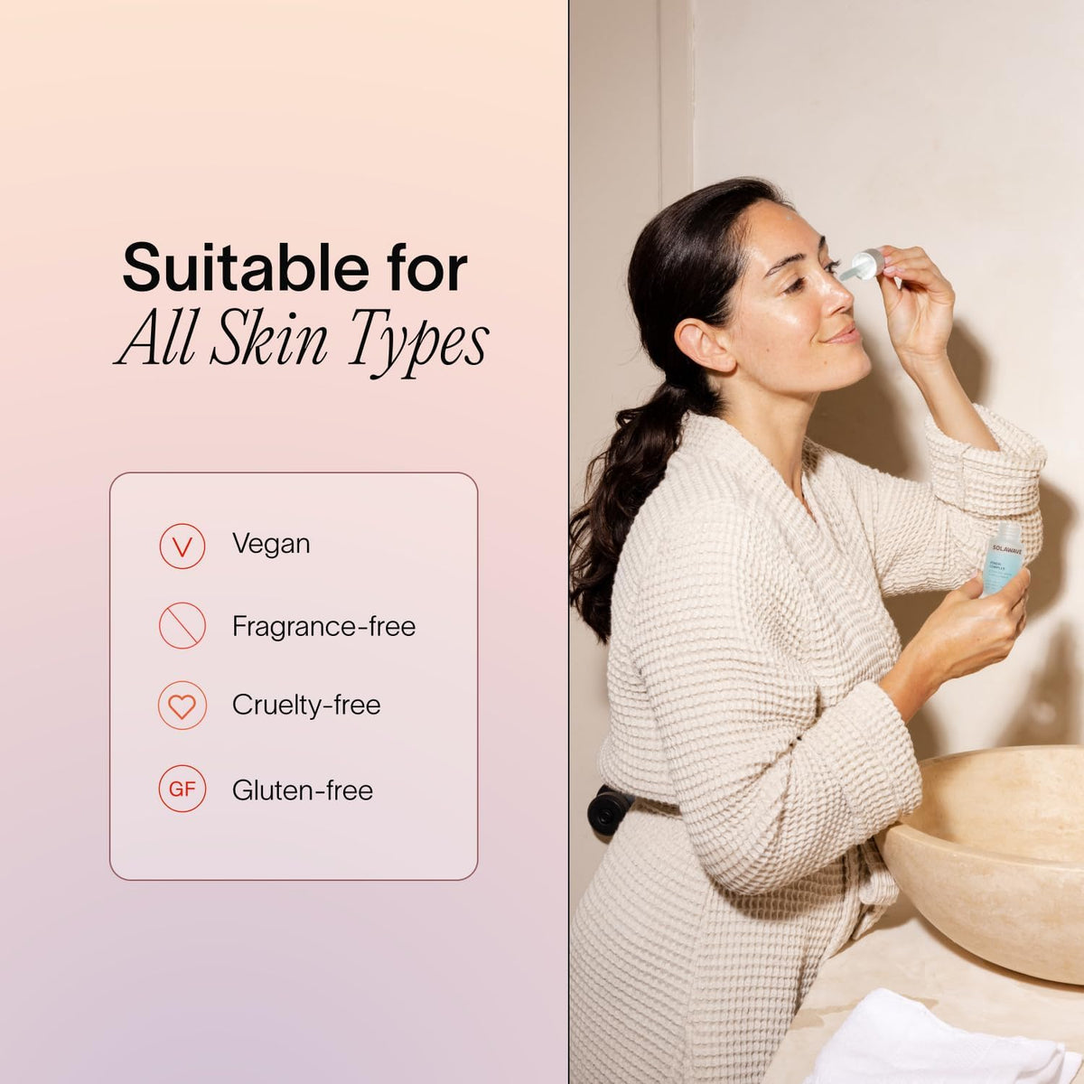 Solawave serum on bathroom counter styled with wand showing routine-ready benefit