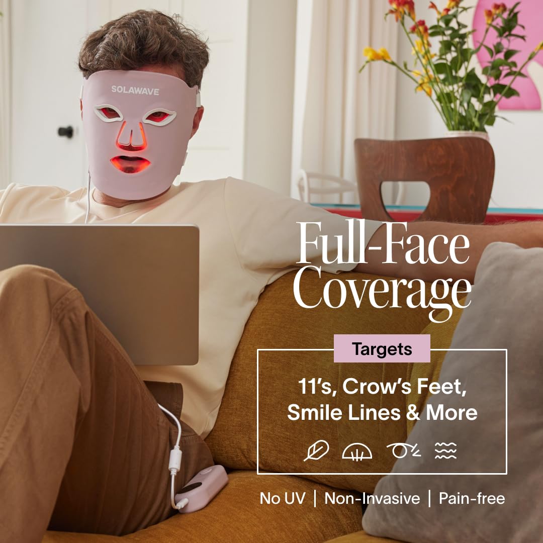 Person wearing Solawave mask at home relaxing to illustrate hands-free skincare routine