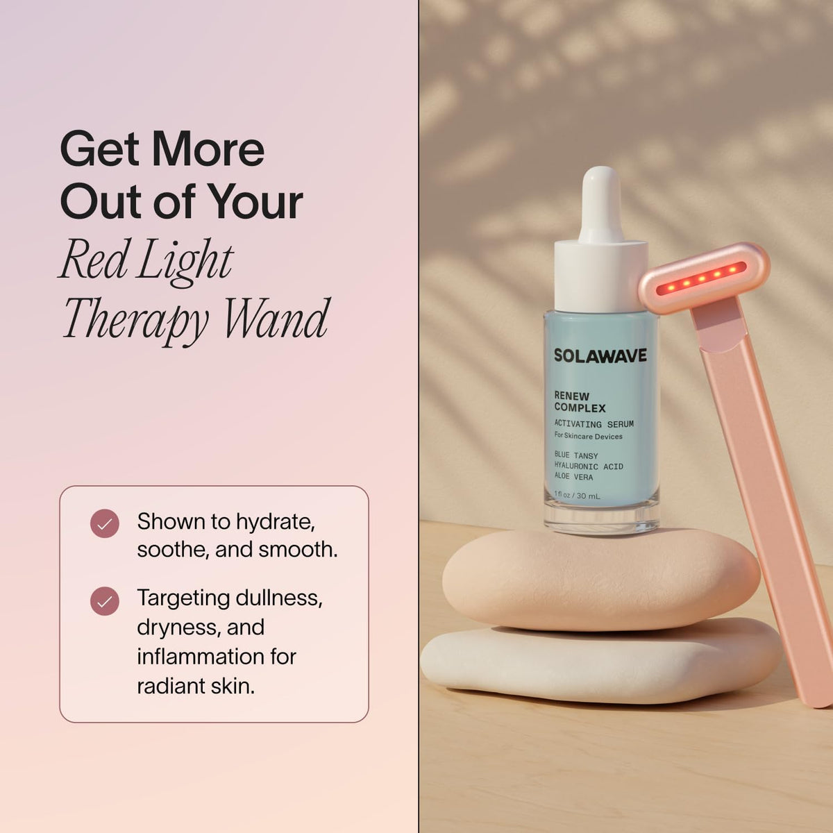 Solawave serum used with LED wand demonstrating smoother glide benefit