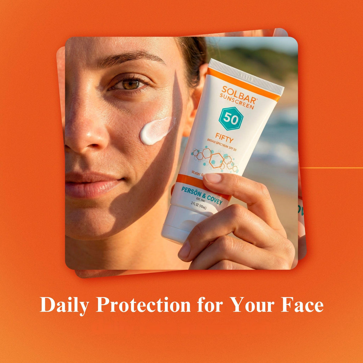 Applying Solbar Fifty to face demonstrating non-comedogenic comfort