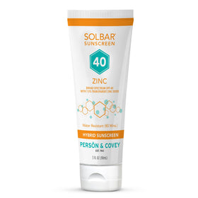 Solbar front tube showing SPF 40 and travel size benefits