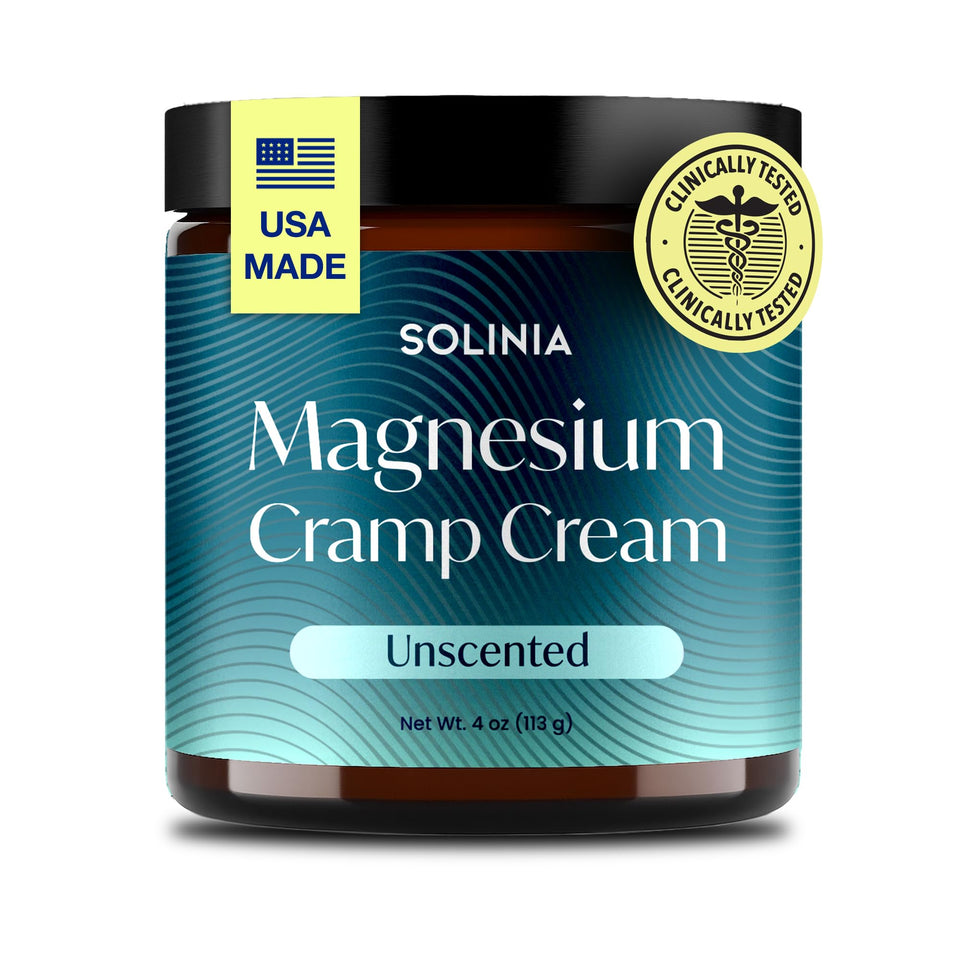 Solinia front jar view showing clean packaging and unscented magnesium cream benefit
