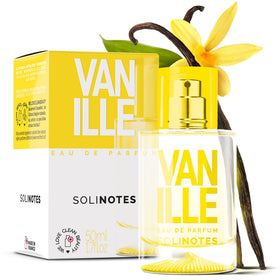 Solinotes bottle front view showing vanilla scent and elegant design benefit: clear brand presentation