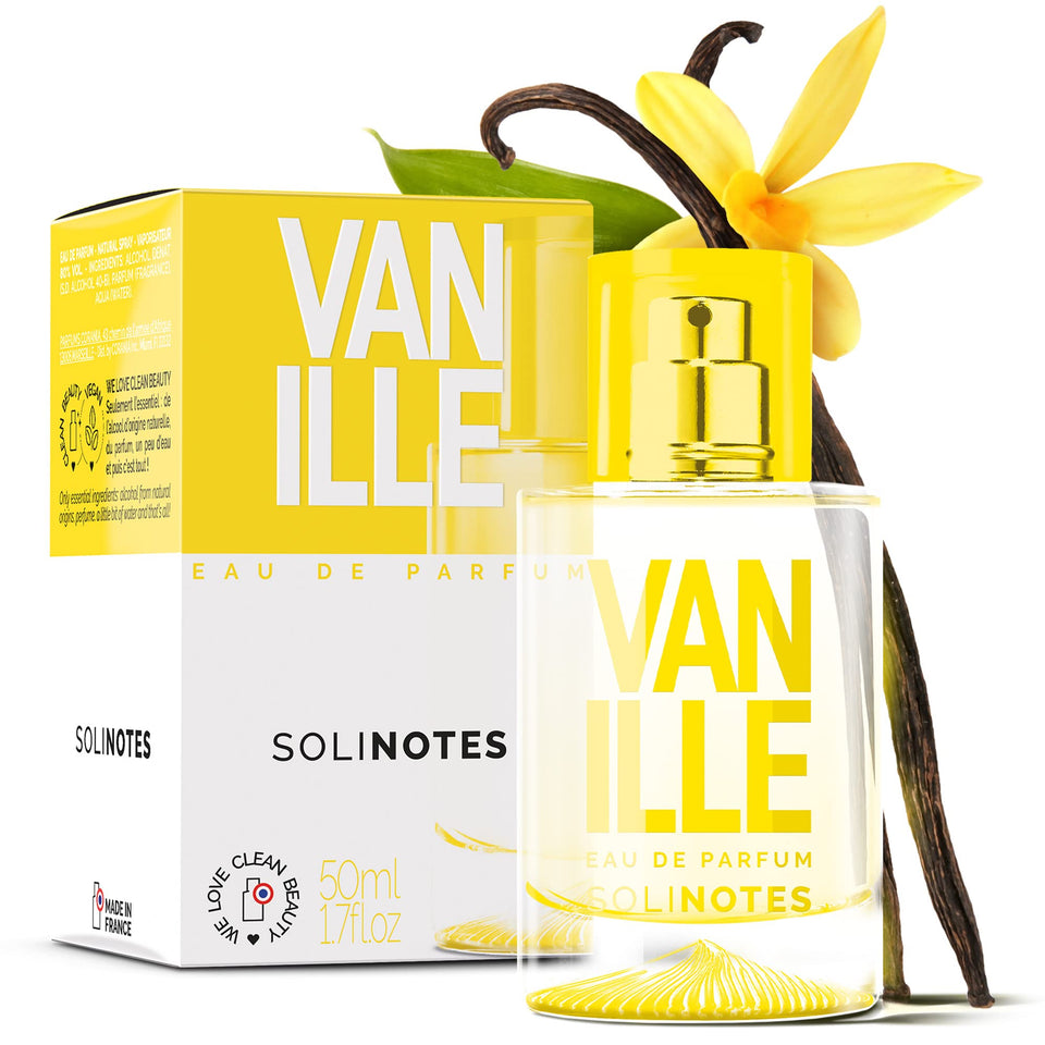Solinotes bottle front view showing vanilla scent and elegant design benefit: clear brand presentation