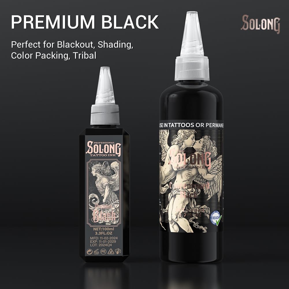 Swatch of Solong Tattoo Premium Black on skin showing deep, opaque coverage