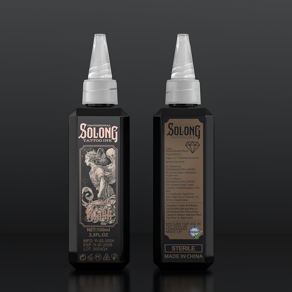 Close-up of Solong Tattoo label details highlighting product batch and safety