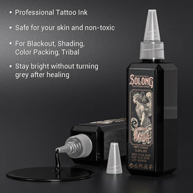 Pouring Solong Tattoo black ink to show smooth texture and easy flow