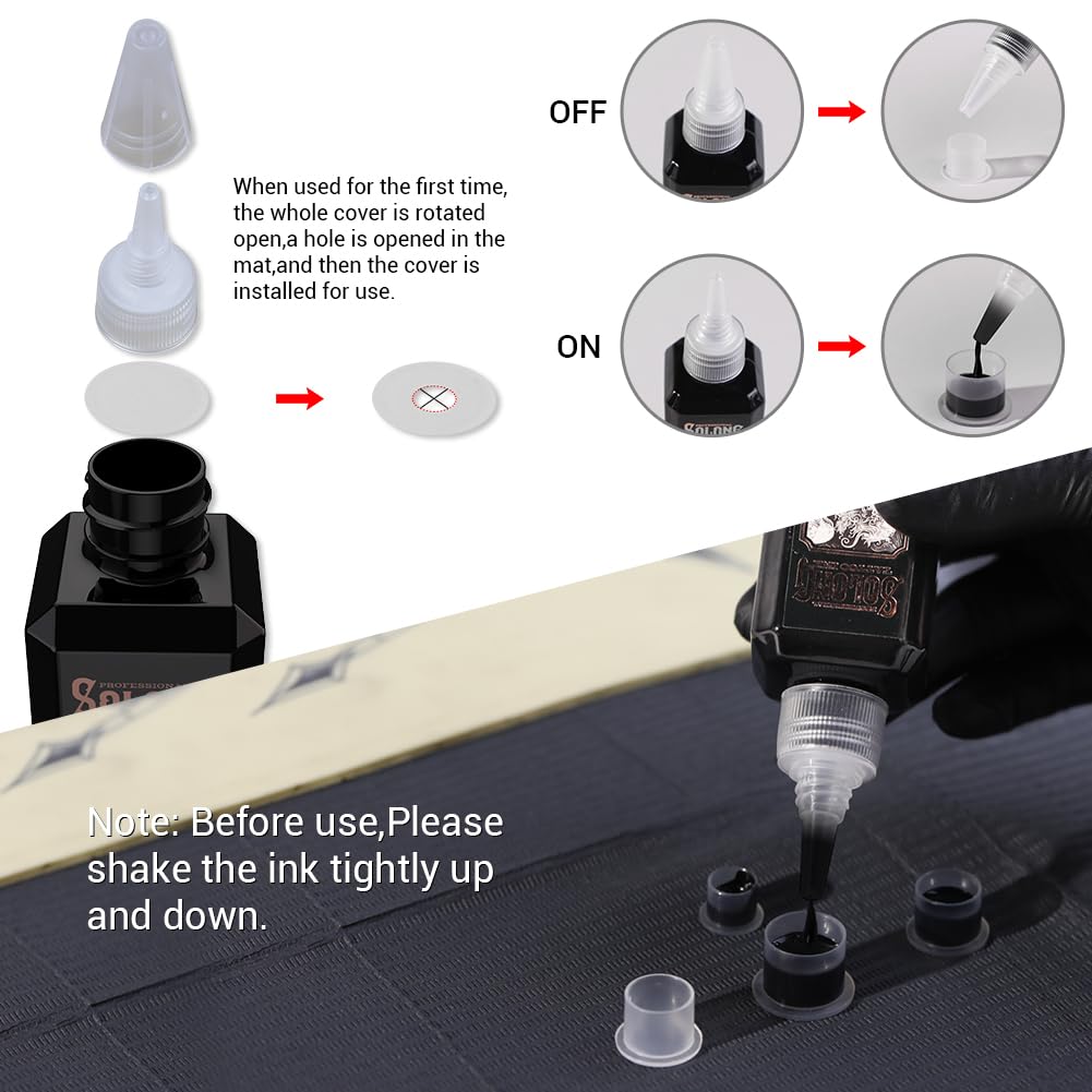 Tattoo needle dipping into Solong Tattoo ink cap demonstrating controlled delivery