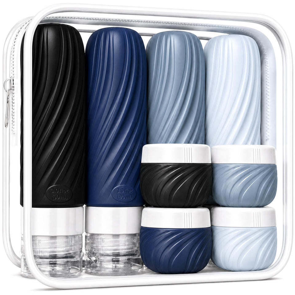 SoloVoya clear bag with bottles showing leak-proof design and easy airport packing