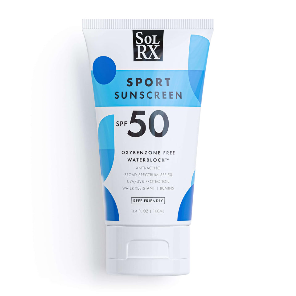 SolRX front packaging showing SPF 50 protection and sport branding
