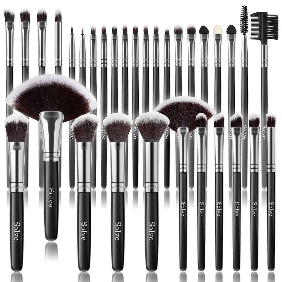 SOLVE front packaging showing full 32-piece makeup brush kit and professional presentation benefits