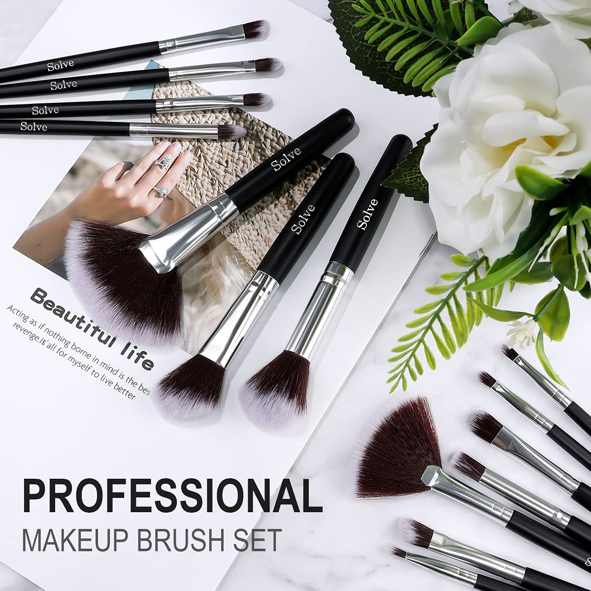 SOLVE brushes on a vanity in lifestyle setting suggesting organized, ready-to-use kit