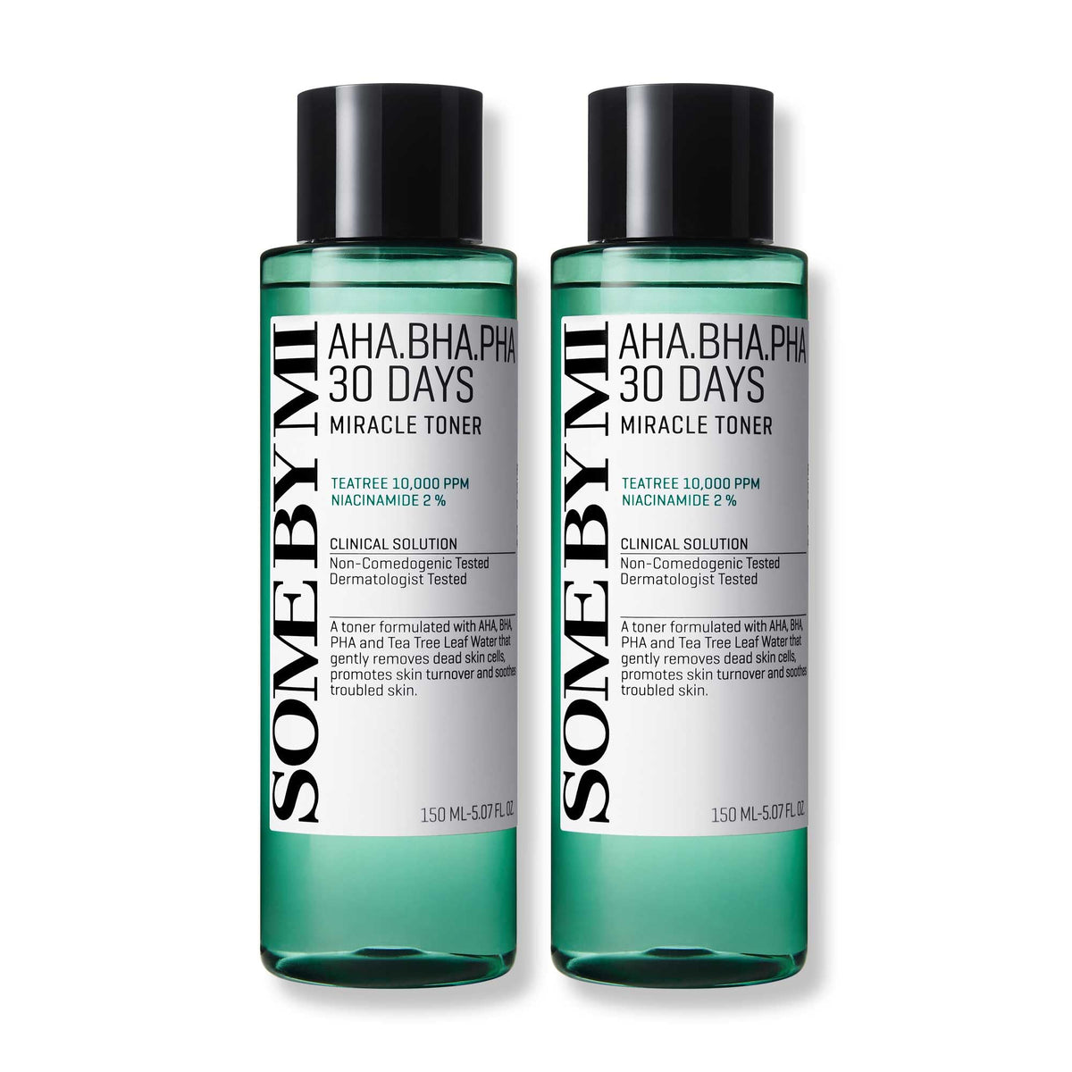 SOME BY MI front packaging showing twin Miracle Toner bottles for routine simplicity