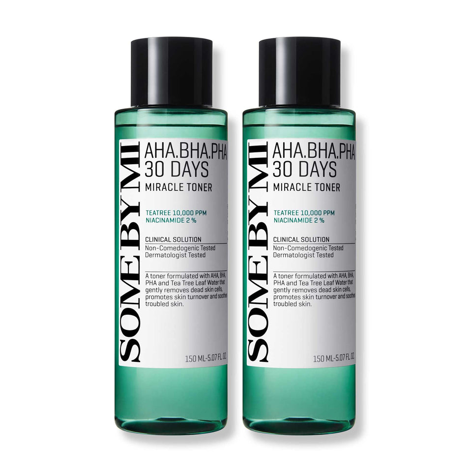 SOME BY MI front packaging showing twin Miracle Toner bottles for routine simplicity