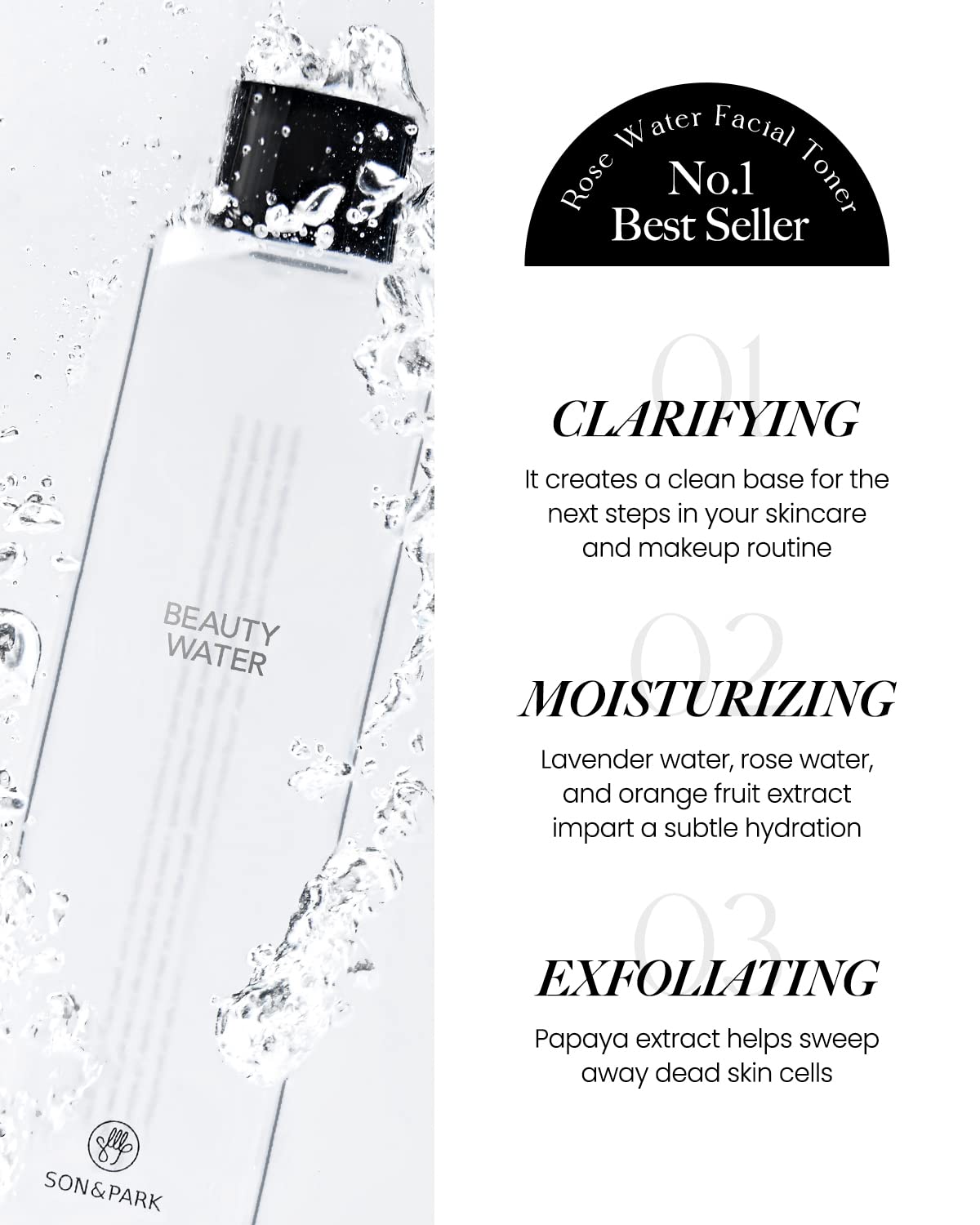 SON&PARK Beauty Water pouring texture on hand showing lightweight hydration