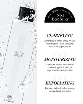 SON&PARK Beauty Water pouring texture on hand showing lightweight hydration