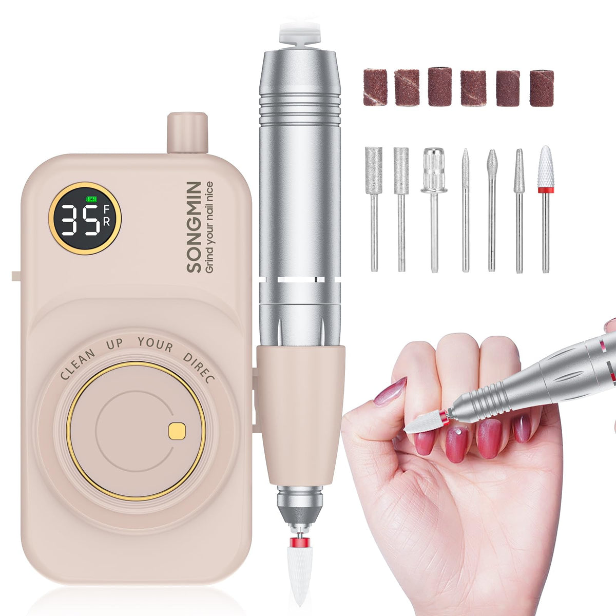 SONGMIN front view of pink cordless nail drill showing compact design and portability