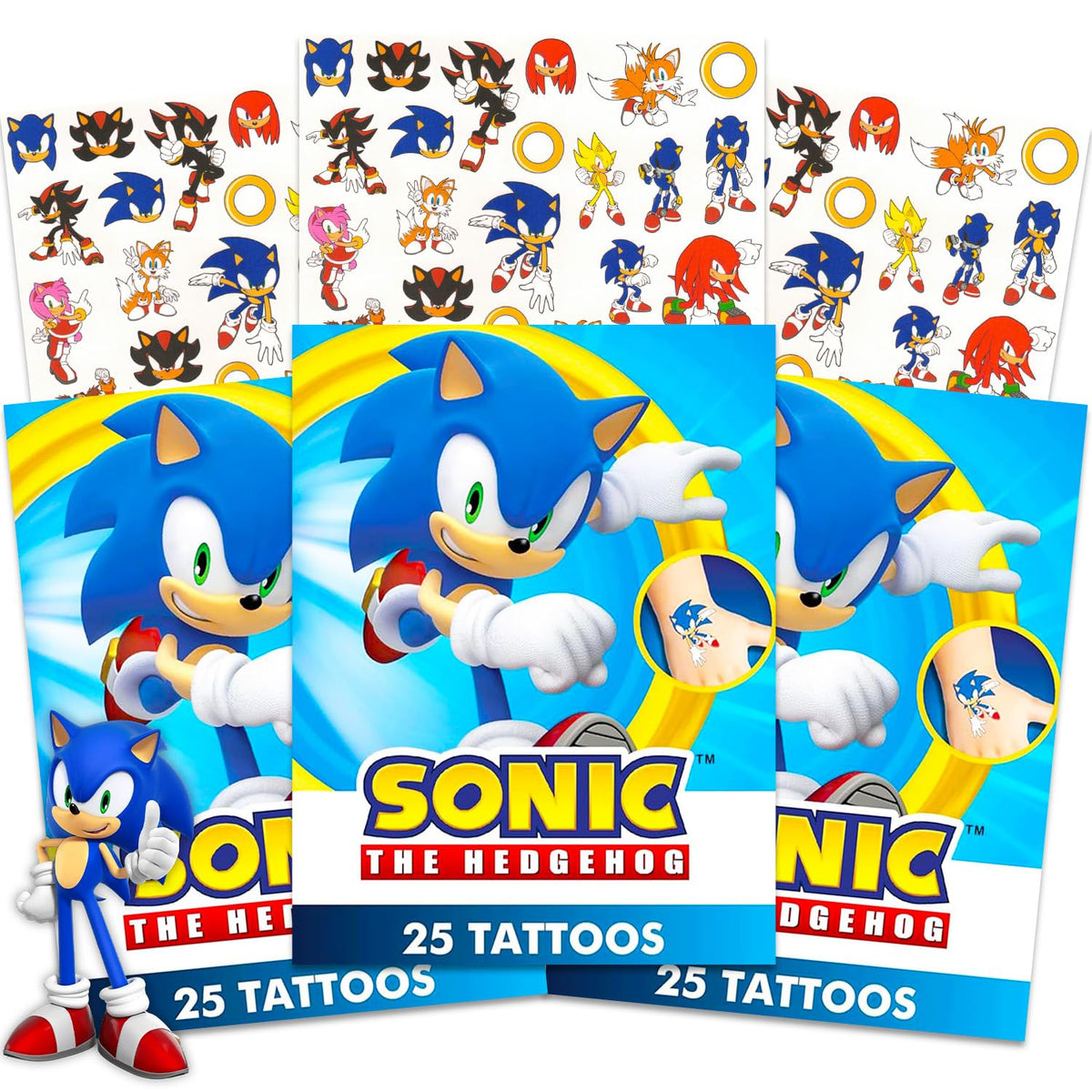 Sonic The Hedgehog three tattoo sheets showing characters and designs for parties