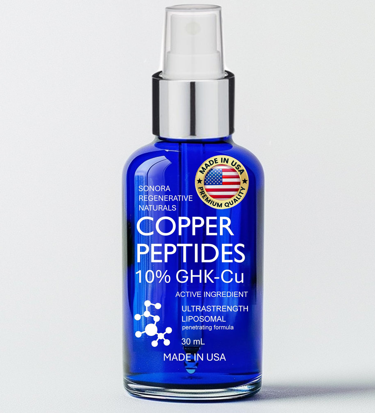 Sonora Supply Co. front bottle showing copper peptide solution and clean packaging benefit